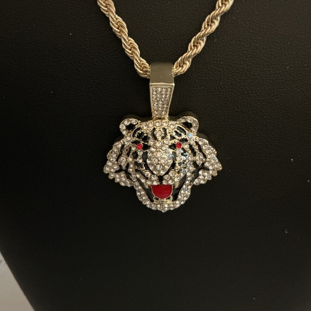 Tiger Rhinestone Bold Gold Tone Pendant Necklace